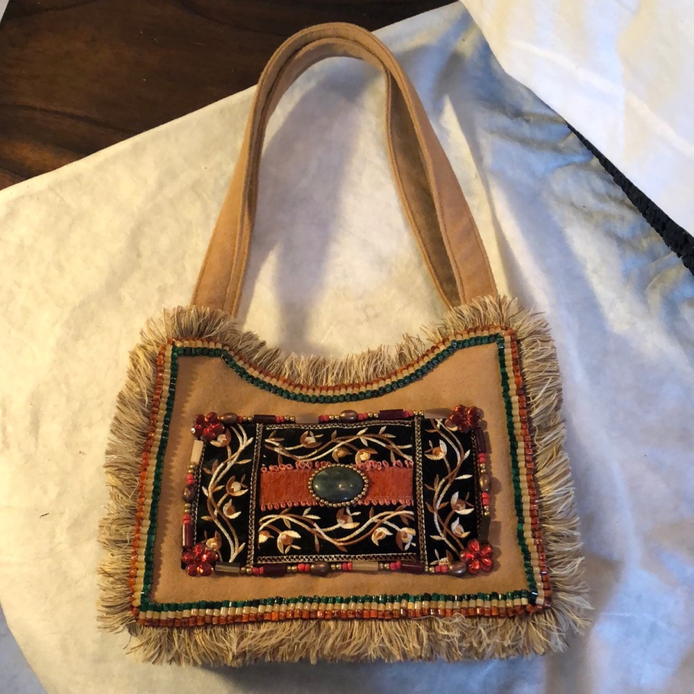 Mary Frances handmade southwestern embellished gold lame lined shoulder bag
